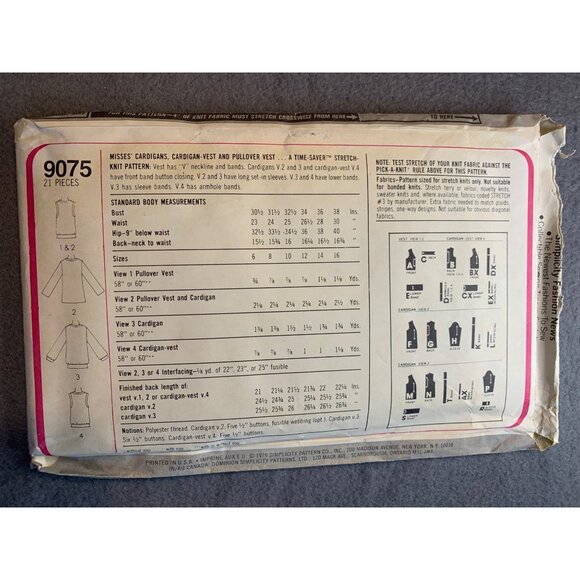 Simplicity Misses Cardigans Vest Sewing Pattern sz 12-16 9075 - uncut - Picture 3 of 4